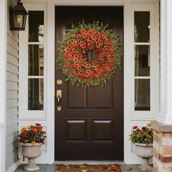 26 Fall Wreath for Front Door, Porch, Window - Large Artificial Eucalyptus Leav